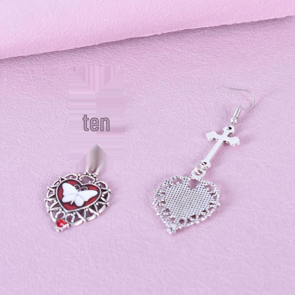 Qifu European & American Antique Silver Cross Heart Butterfly Gemstone Earrings