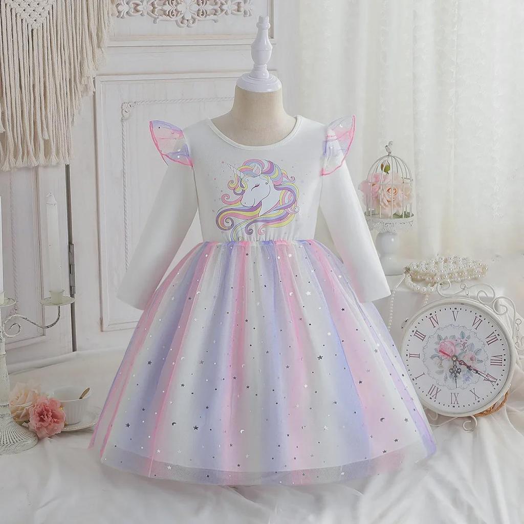 2025 Girls' Unicorn Rainbow Princess Dress: Long Sleeve, Sequined Mesh, Spring/Autumn Birthday Outfit