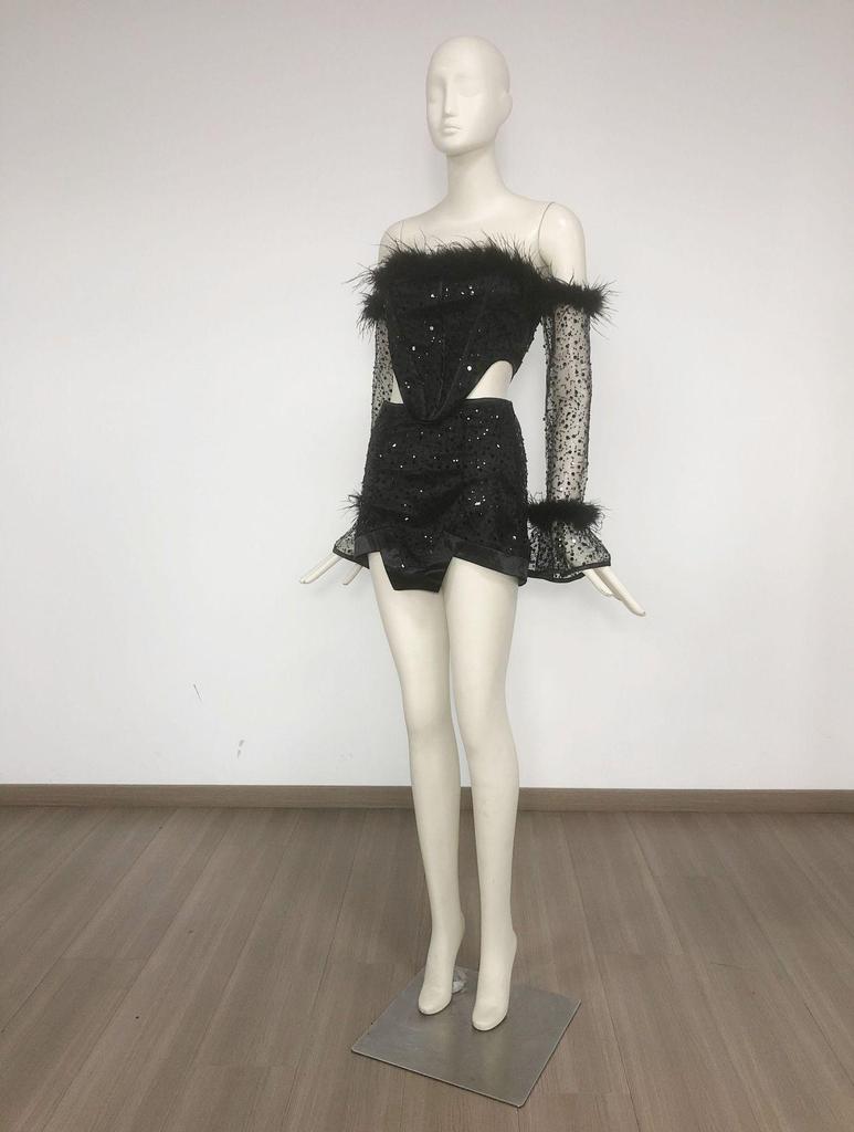 Plush Sequin Off-Shoulder Sexy Set: Long-Sleeve Top & Hip-Hugging Mini Skirt
