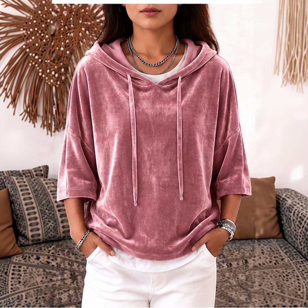 Women's Casual Velvet Hooded Top with Three-Quarter Sleeves Color