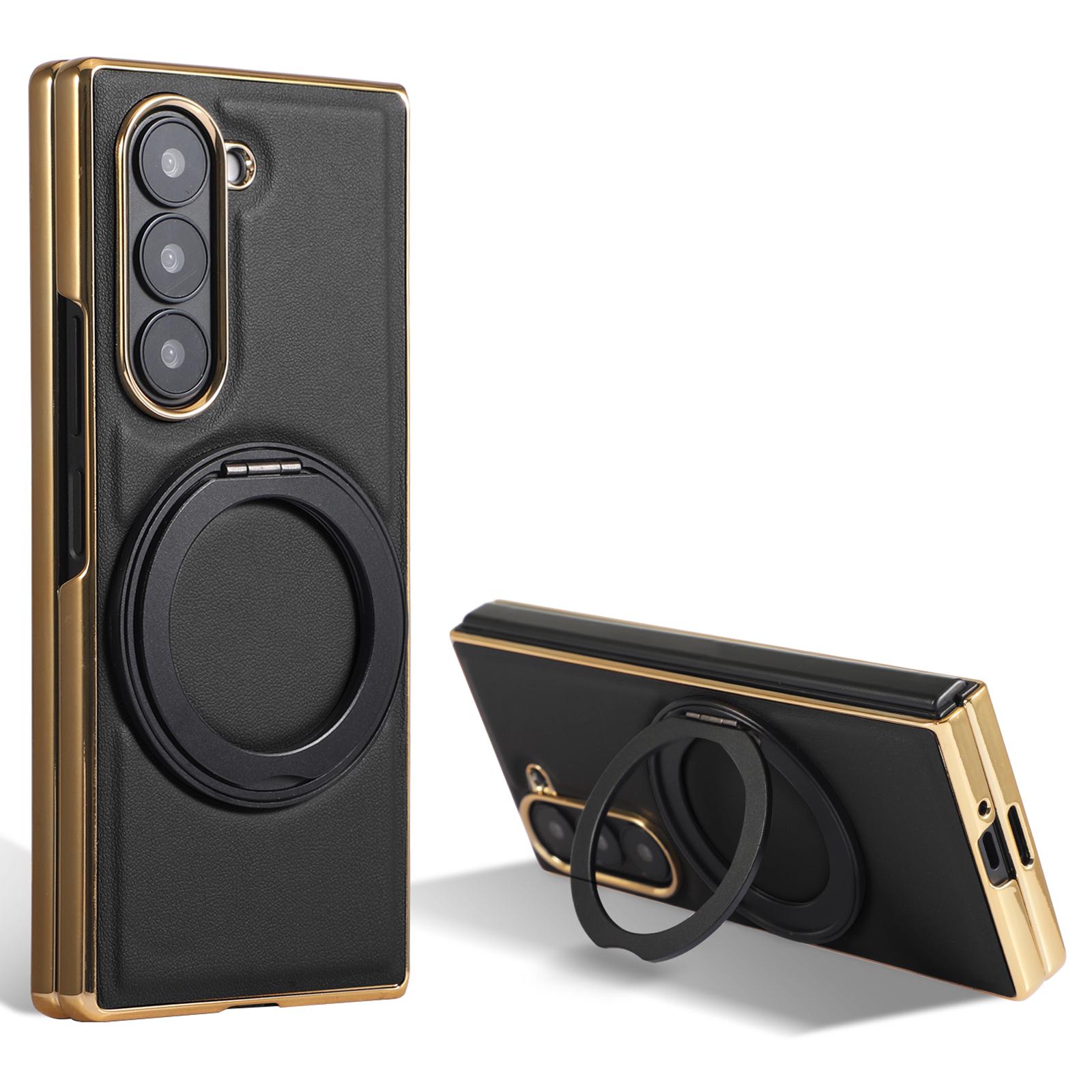 

For Samsung Galaxy Z Fold6 5G Magnetic Case with Rotating Kickstand Nappa Texture PU TPU PC Phone Back Cover Black