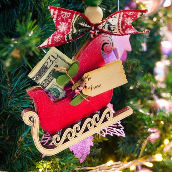Handmade Wooden Money Holder Christmas Tree Reindeer Money Clip Wallet Ornament with Blessing Placing Money Dispenser for Christmas Tree Home