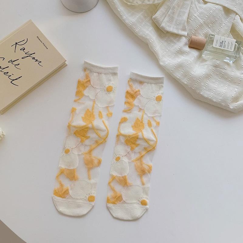 

Women s Korean Style Flower Lolita Transparent Mid-Calf Crystal Socks One Size