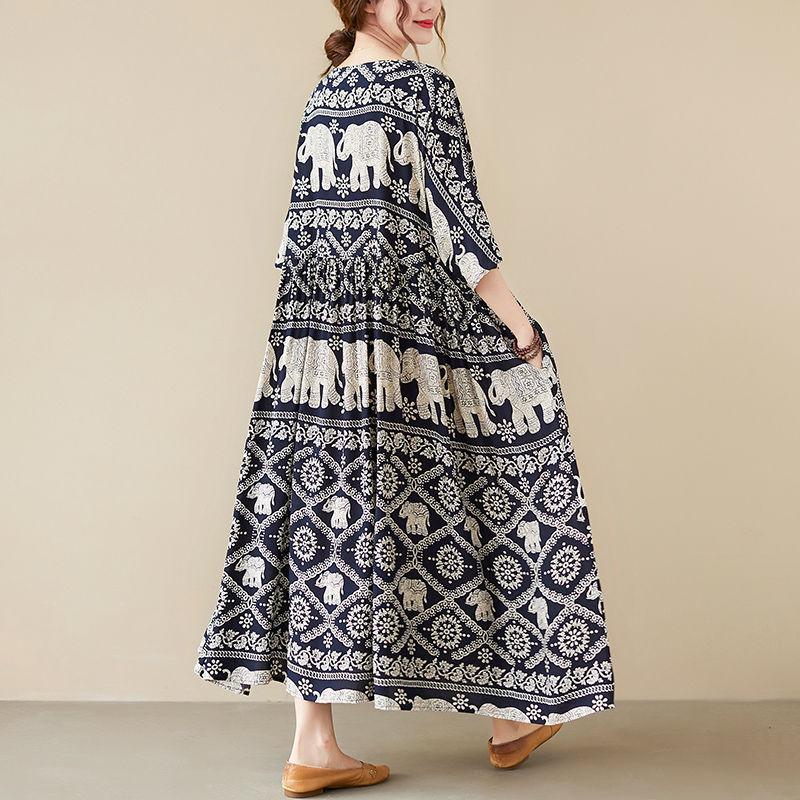 Plus Size Long Sleeve Loose Long Dress Women Striped Floral Animal Print Ladies Oversized Dresses Pleated Woman Dress