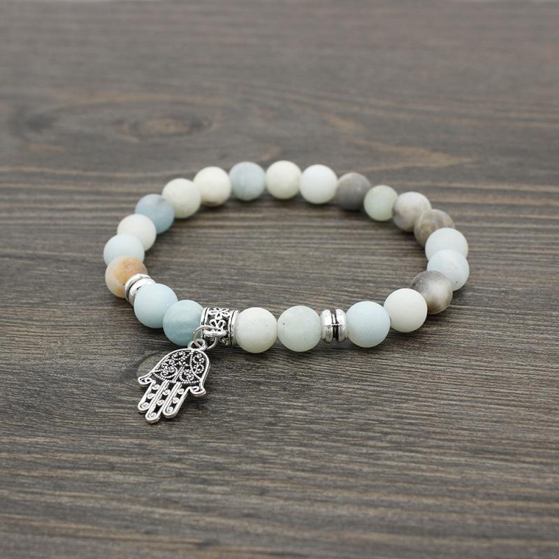 European-American Frosted Stone Bead Bracelet with Religious Palm Pendant