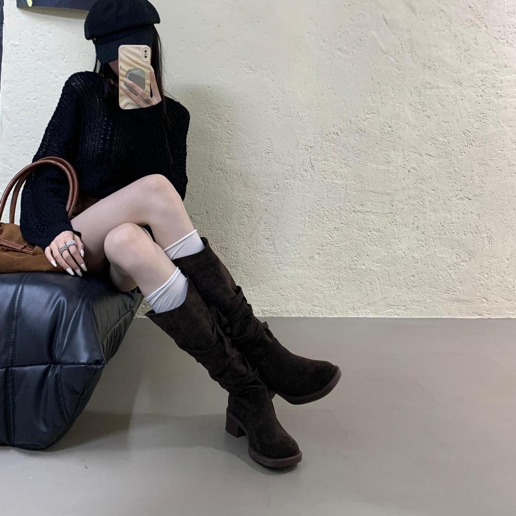 Herbst 2025 Retro Ödland Fransen Ritterstiefel Dicker Absatz aber knielange Stiefel Schlanker Schaft Mittelhohe Stiefel Damen