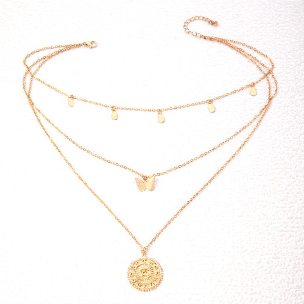 Geometrische Scheibenquaste Halskette Legierung Schnalle Ring Strassquaste Konkav-konvex Scheibenanhänger 4-lagige Halskette