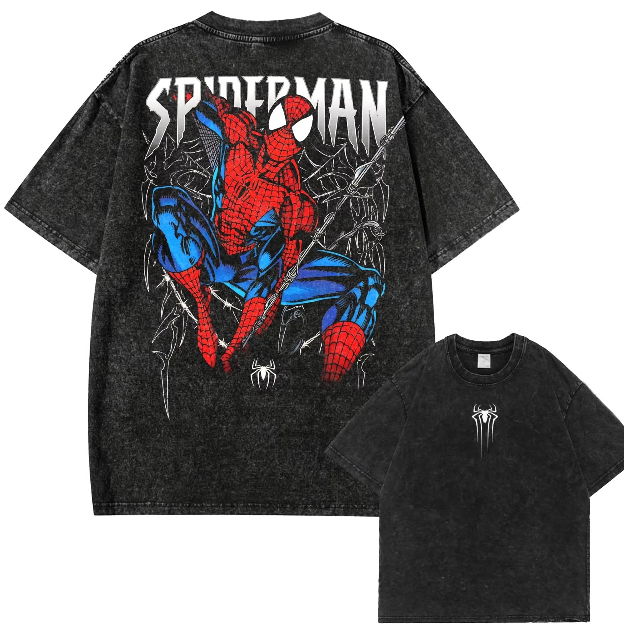 

Anime Spider-Man Graphic Print T-Shirt Men Women Vintage Washed Cotton Summer New Tee Streetwear Y2K Harajuku Fashion Oversized Top L