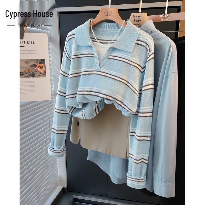 Women s Faux Two-Piece Colorblock Stripe Lapel Pullover Sweater M