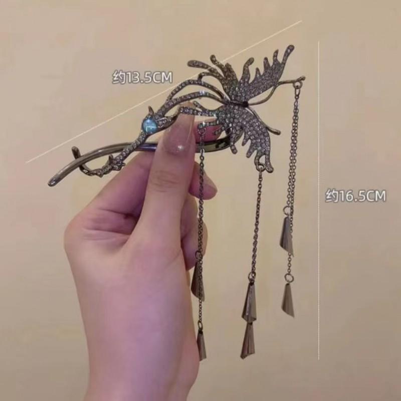 Elegant Butterfly Hairpin With Rhinestone Accents Tassel Bell Charm Alloy Hair Clip Hanfu Or Daily Wear