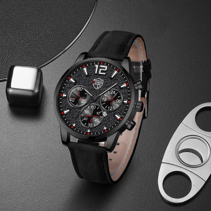 2PCS Set DEYROS Fashion Men's Watch Luxury Men's Leather Strap Calendar Watch Casual Men's Leather Quartz Watch Men's Gifts