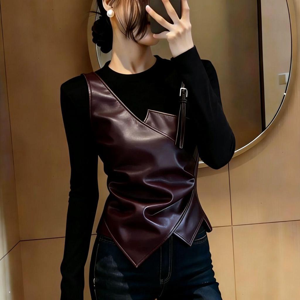 Chic Spliced Two-Piece Look Long-Sleeve T-Shirt - 2026 Spring Plus Size Slimming Top for Women