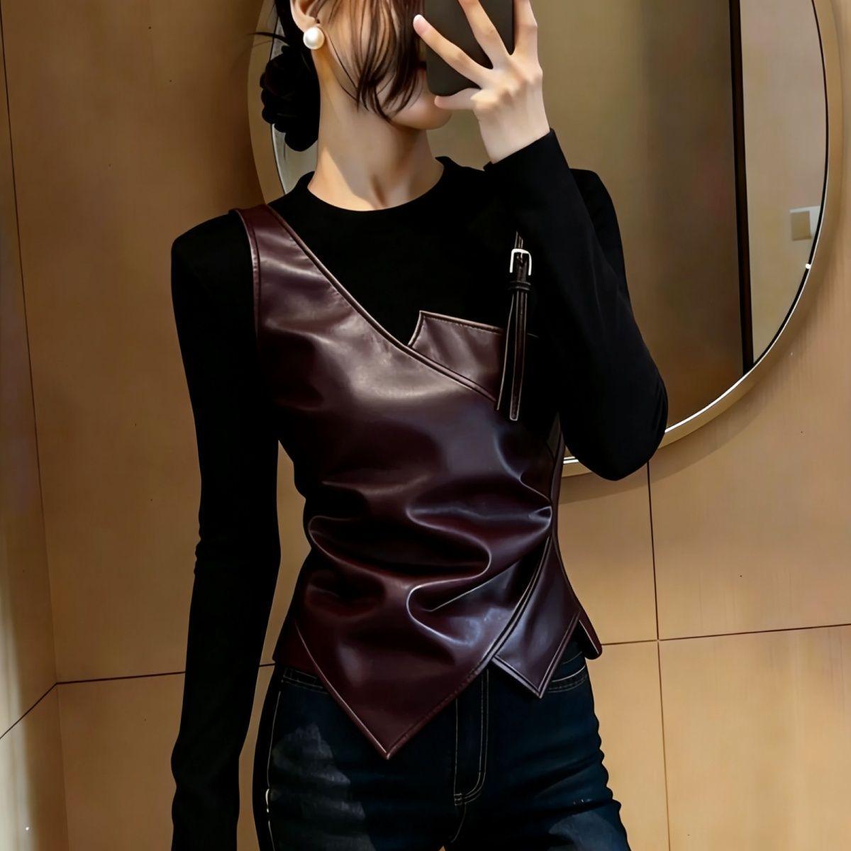 

Chic Spliced Two-Piece Look Long-Sleeve T-Shirt - 2026 Spring Plus Size Slimming Top for Women S Under 90