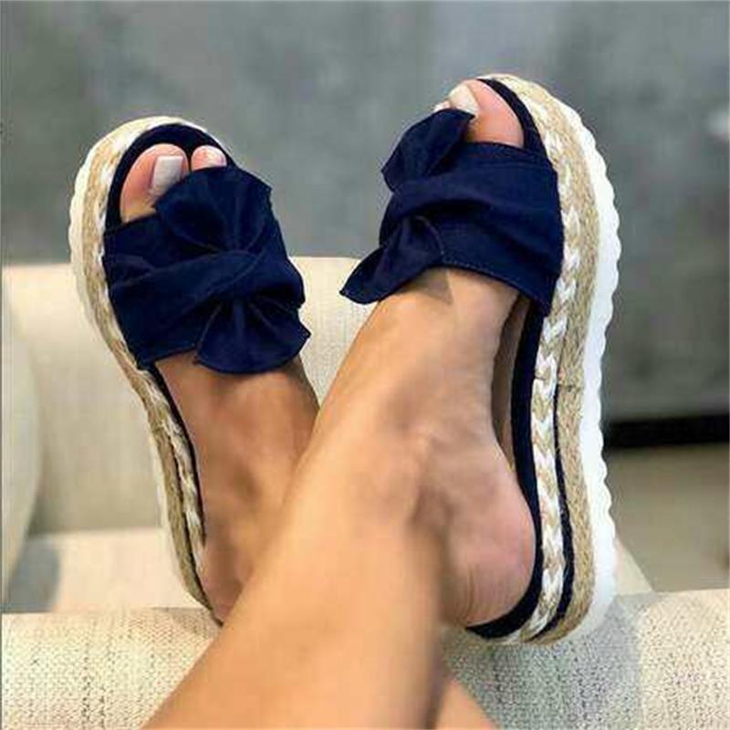 2025 Summer Women's Bow Beach Wedge Sandals - European/American Style, Thick Sole, Hemp Rope, Large Size