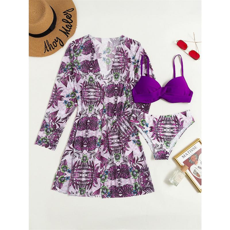 Dámská sada bikin s květinovým potiskem Sexy třídílná plážová pokrývka nahoru Push Up Léto s dlouhým rukávem Twist plavky