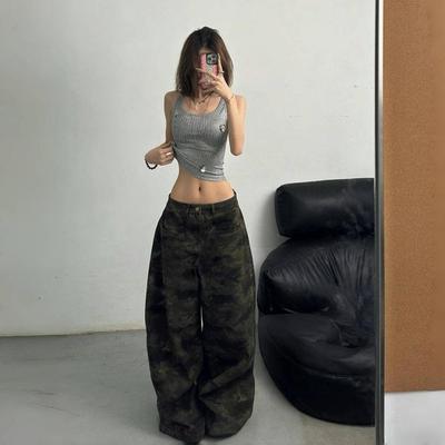 ZYLLO Womens Jeans High Waist Baggy Casual Vintage Y2K Camouflage Straight Pants Street American Wide Leg Denim Trouser