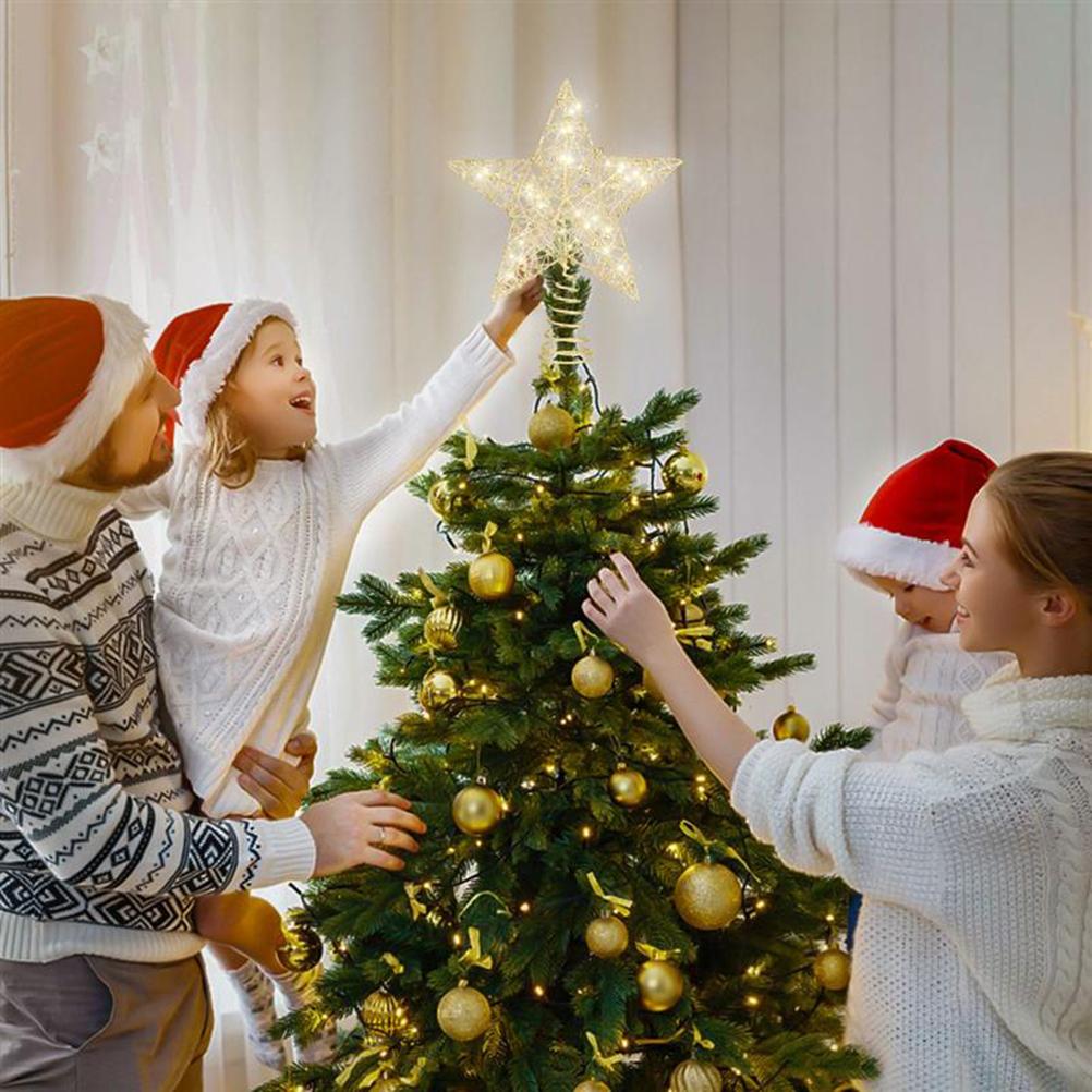 Christmas Tree Topper Star with LED String Light Glitter Christmas Tree Top Star Lamp for Christmas