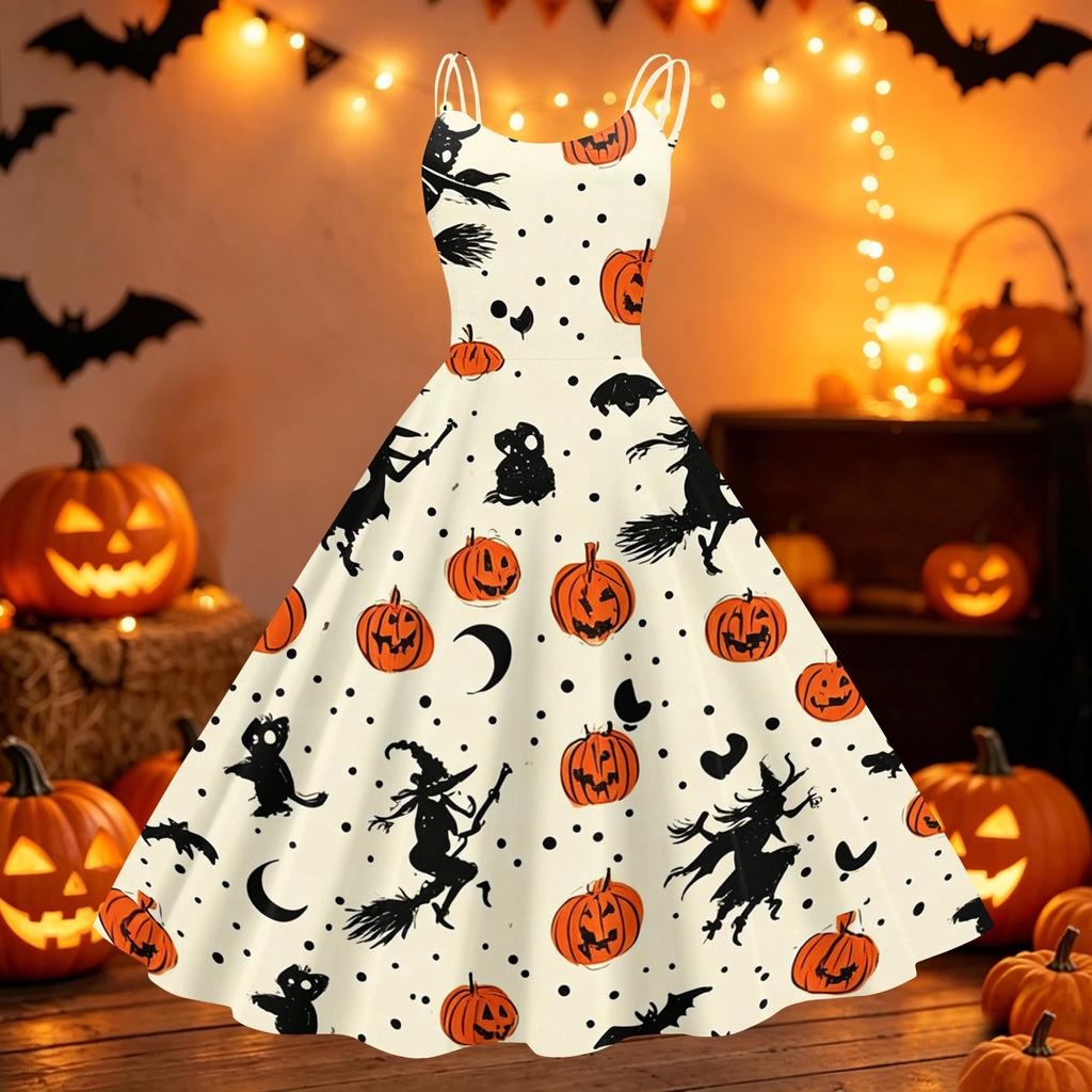 Women's Halloween Print Off Shoulder Dress Vintage Punk Style Sleeveless Spaghetti Strap Swing Dress with Flared Skirt for Party