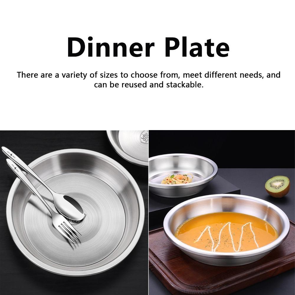 Polished Surface Dinner Serving Plate Rustless Steel Food Dish Tray Canteen Food Distribution 24cm