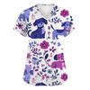 Women's Fashion Printed Short Sleeve V-Neck Top Small Pocket Work T-Shirt