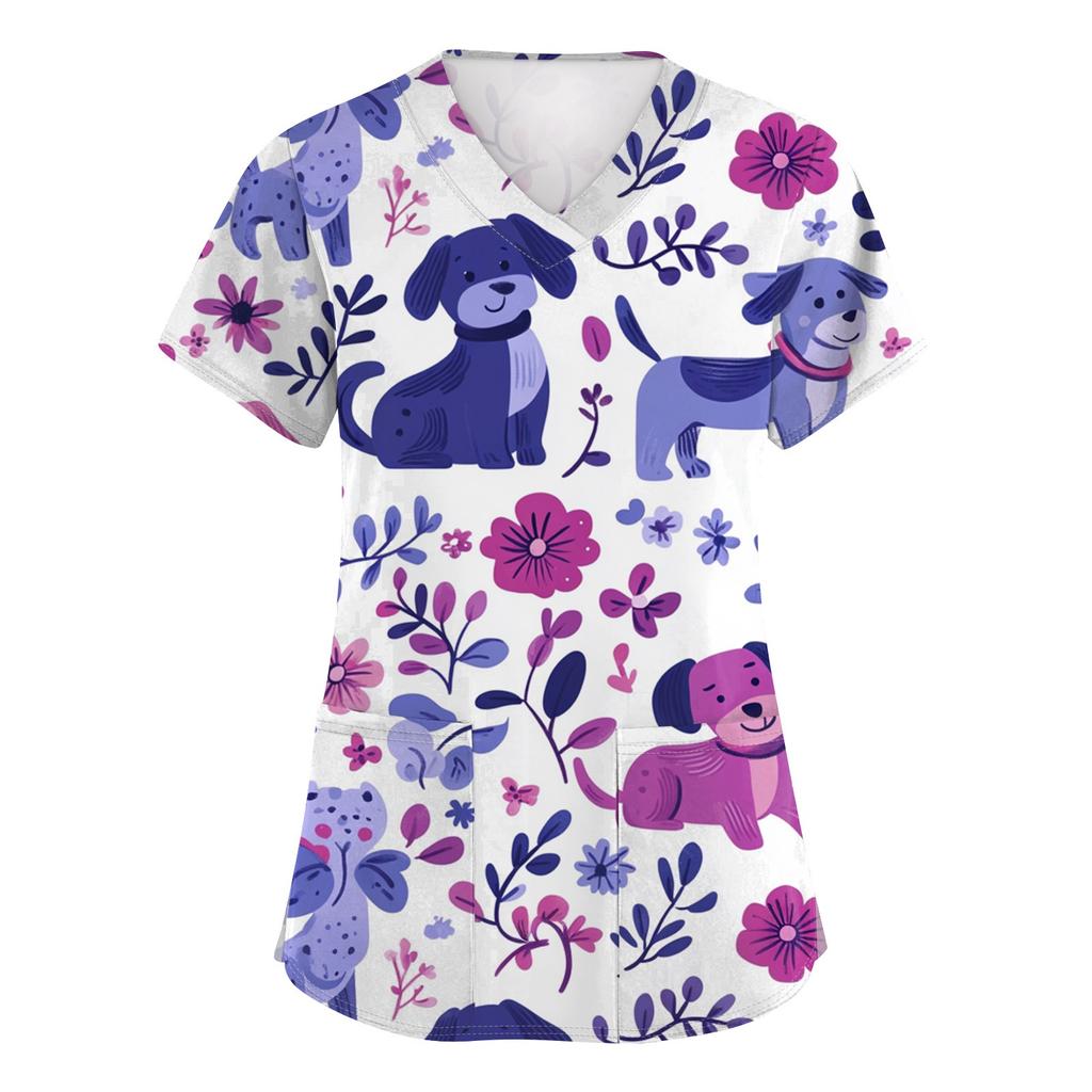 Women's Fashion Printed Short Sleeve V-Neck Top Small Pocket Work T-Shirt