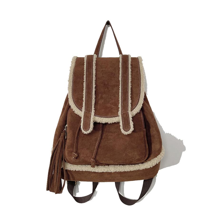 Vintage Furred Edge Drawstring Clamshell Backpack Women Lightweight Plush Schoolbag Suede Lamb Shoulder Bags Brown Rucksack Sac