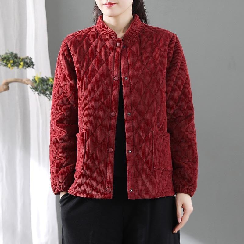 Women's Winter Autumn Corduroy Quilted Cotton Padded Jacket Retro Loose Stand-Collar Diamond Pattern Short Corduroy Cotton Outerwear