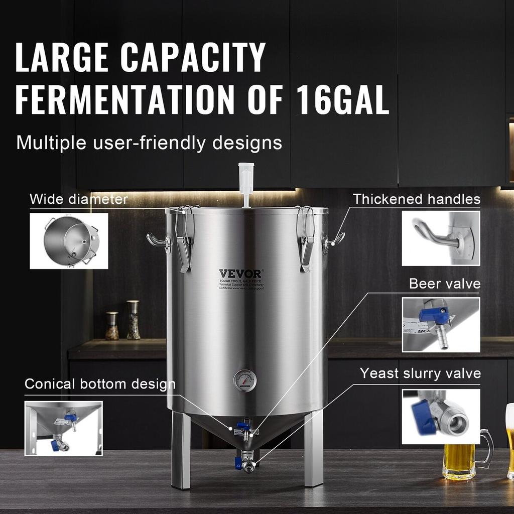 304 Stainless Steel Kettle, 60 L Beer Brew Fermentor, Brew Bucket Fermentor for Brewing, Home Brewing Supplies with Base, Kettle Stock Pot Includes