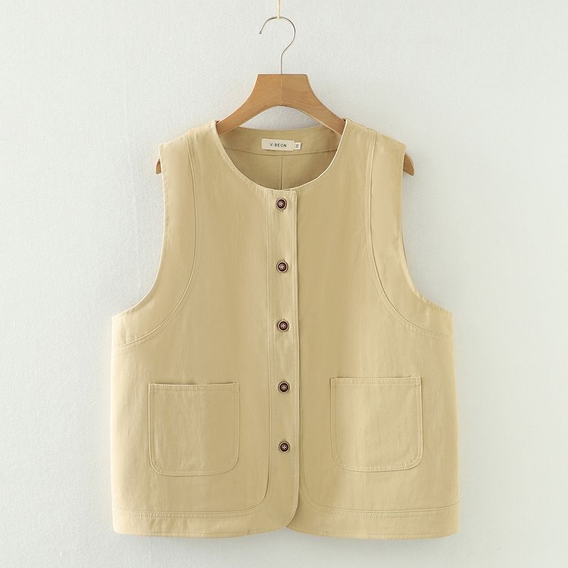 

Жилет-безрукавка с круглым вырезом, женский, весна-осень, новинка, свободный, стройнящий, ретро, с карманами, хлопковый комбинезон, платье-топ с завязками Khaki L