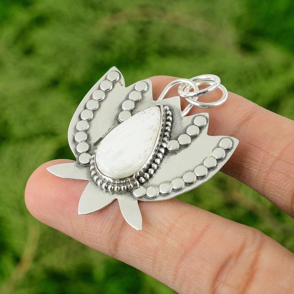 Daughters Day Sale Scolecite Gemstone 925 Silver Lotus Wedding Pendant Jewelry