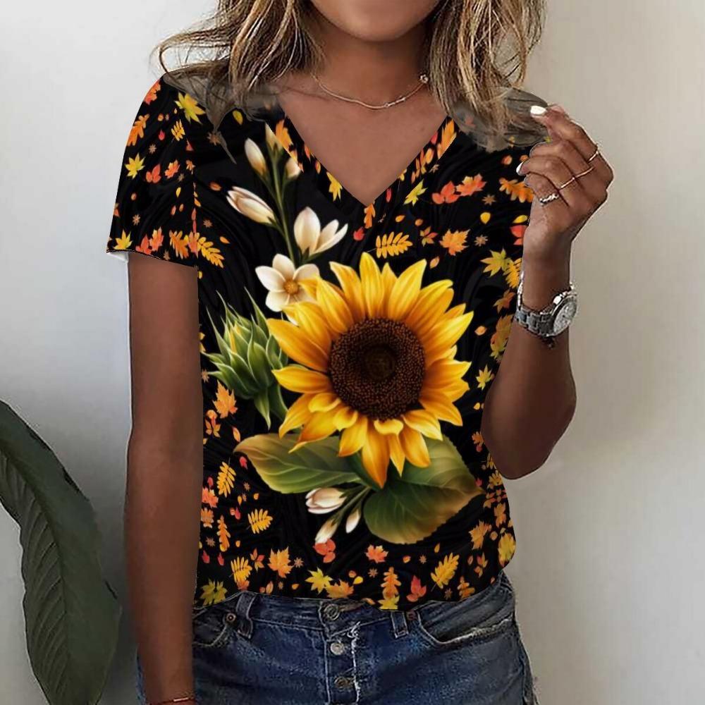 Fashion Sunflower Floral 3D Print Summer Women V-Neck  Harajuku Oversized Streetwear Y2k