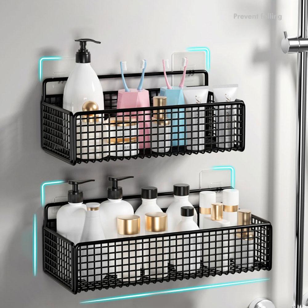 Black White Bathroom Storage Shelf Iron Organizer Shelf No Drill Storage Rack Kitchen Grid Shelf Wall Hanging Bathroom Supplies
