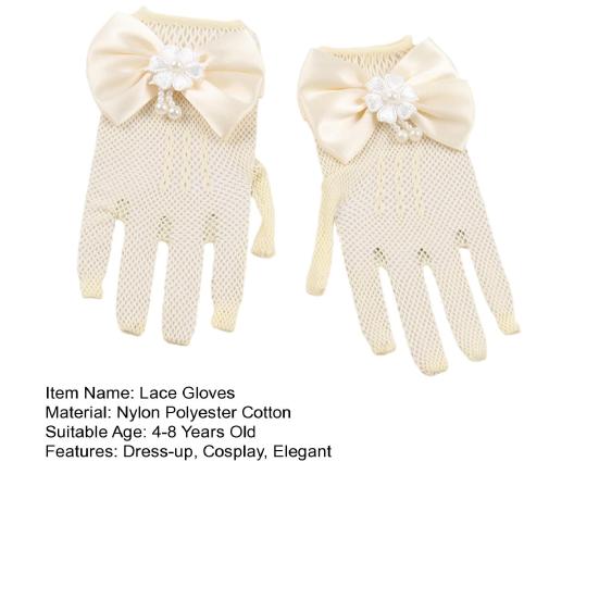 Lace Short Gloves for Little Girls 4-8 Years Tea Party Wedding Flower Gloves with Bow Kids Princess Dressing Gloves for First Communion Wedding Prom