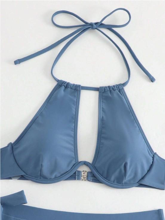 2024 Bikini Split Monocrom cu Talie Înaltă cu Sârmă și Push-Up pentru Femei