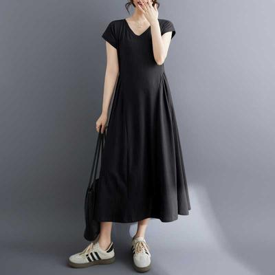 Dress Women's Large-size Women's Clothing Summer New Retro Large-size Loose V-neck Waist and Thin Short-sleeved Long Models