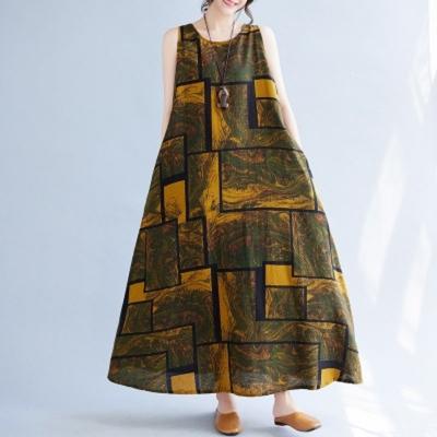 Long Dress Women's Summer Retro Ethnic Style Loose Print Sleeveless Cotton Linen Long Pullover Vest Dressses