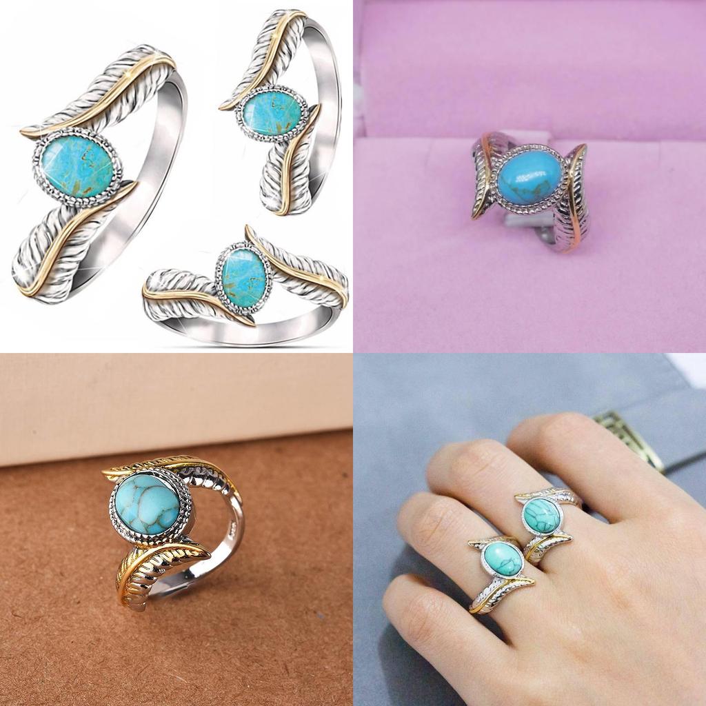 Geometric Turquoise Feather Ring For Women With Alloy Jewelry For Party And Engagement