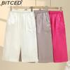 BITCED Summer Women Elastic Waist Straight Trousers Middle Age Older Women High Waist Straight Pants Washed Cotton Cropped Plus Size Pants