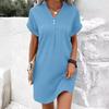 Summer Women Dress V Neck Button Short Sleeves Loose Solid Color Pullover Casual Daily Wear Dating Mini Dress