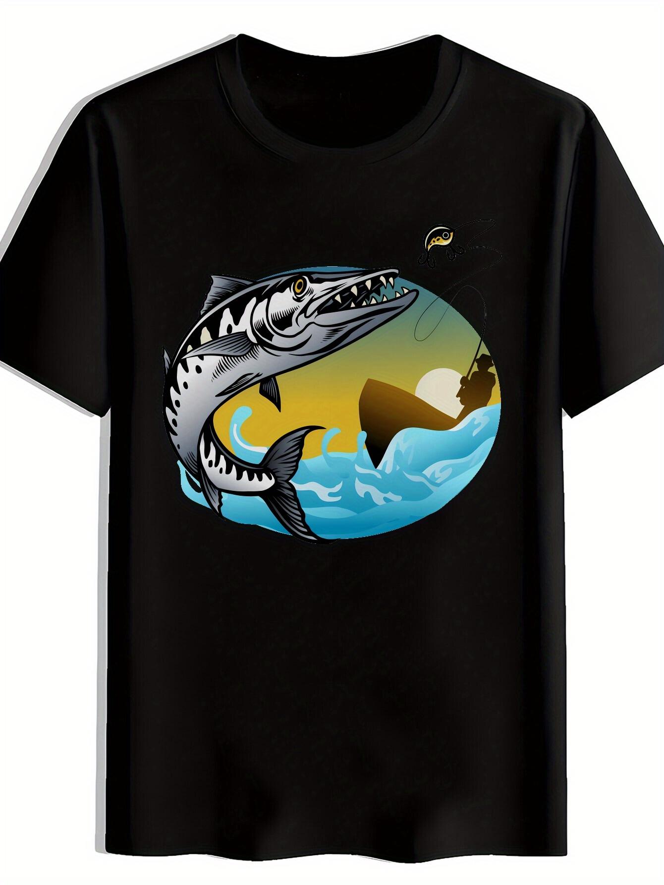 

Black Big Fish Graphic T-shirt - Casual Fishing-Themed Design with Large Fish and Sunset S