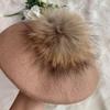 Herbst Winter Kinder warme Wolle Mädchen Baskenmützen mit natürlichen Waschbären Fell Pompon Hut für Frauen