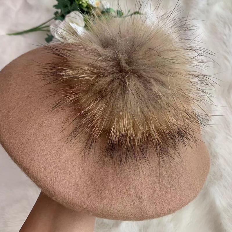 Herbst Winter Kinder warme Wolle Mädchen Baskenmützen mit natürlichen Waschbären Fell Pompon Hut für Frauen