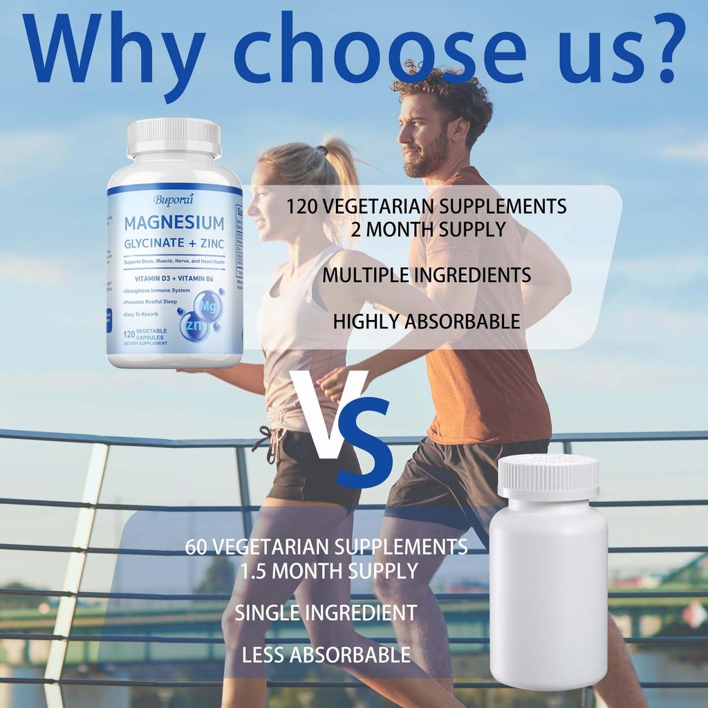 Magnesium Glycine Capsules, Containing Zinc, Vitamin D3, and B6 Extracts, Help Relieve Leg Cramps and Relax Muscles.