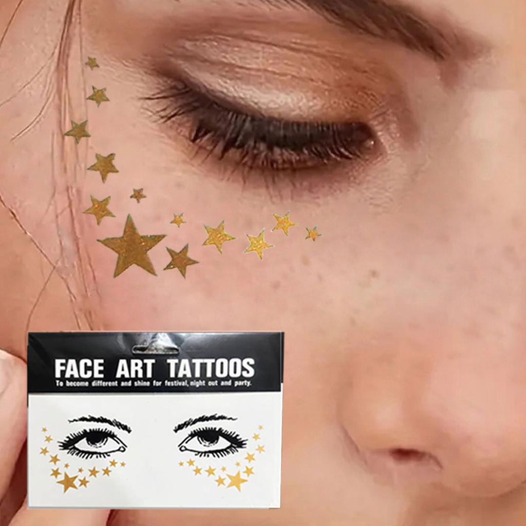 Gold Glitter Tattoo Stickers for Face Makeup Metallic Moon Stars Waterproof Temporary Freckle Tattoos for Women Eyebrow Party