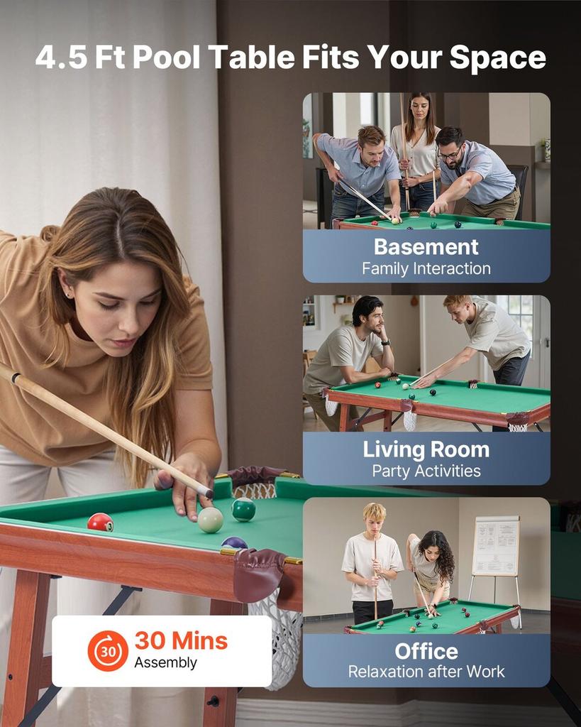 Folding Pool Table, 140cm Portable Billiards Tables, Foldable Space-Saving Entertainment Game Set Includes Ball, Cue, Rack, Chalk, Brush, Brown with