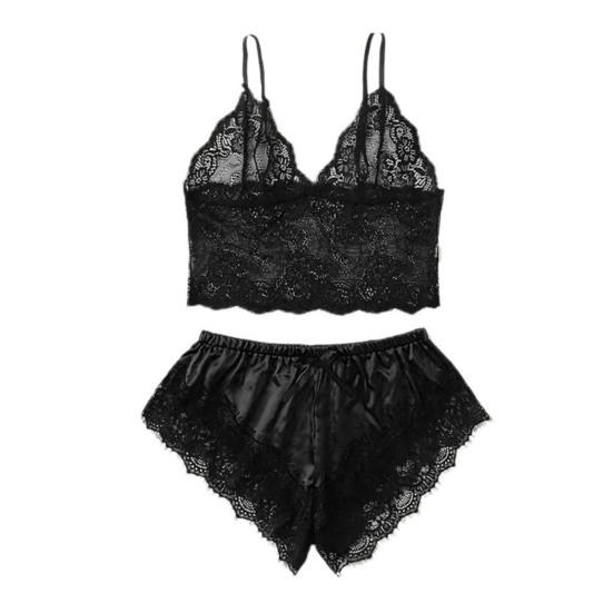 2 Pcs/Set Lady Pajamas Satin Bow Sleeveless Crop Top See-Through Lace Patchwork