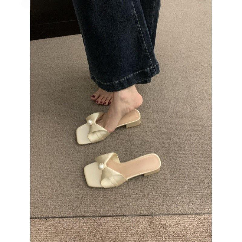 Pearl bow thick heel cool slippers women's summer wear fashion flat women's shoes one-word slippers 2025 summer new