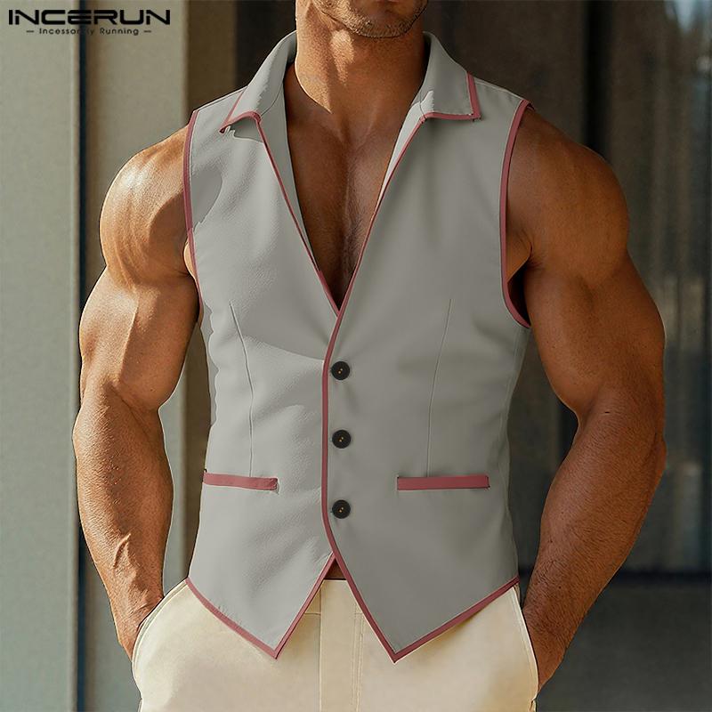 INCERUN Men Casual Lapel Neck Sleeveless Stitching Thin Waistcoat Tops