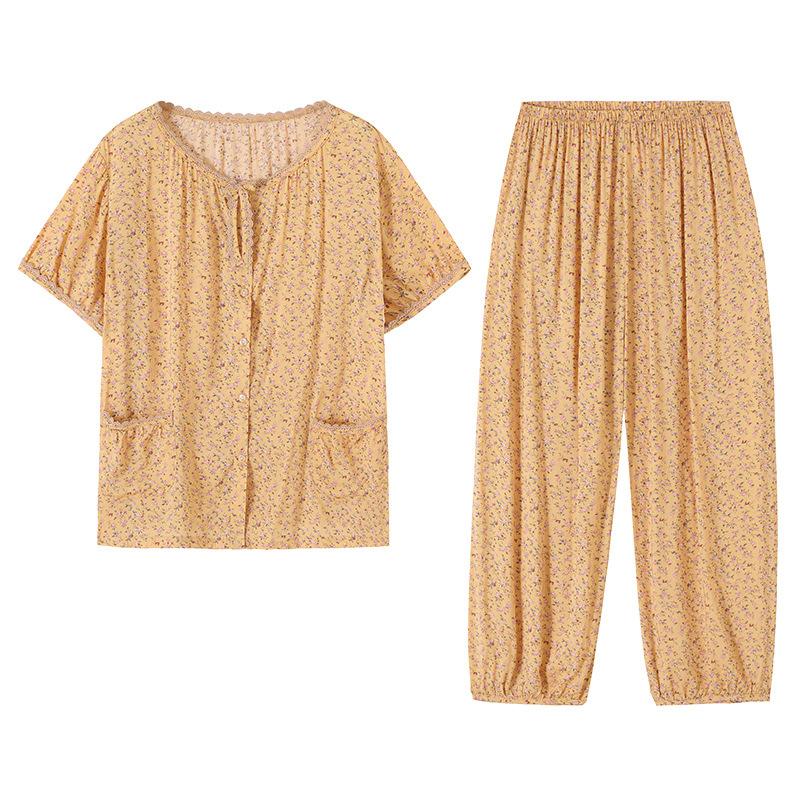 Pajamas women's summer thin woven cotton short-sleeved cropped pants summer middle-aged mother large-size loungewear set