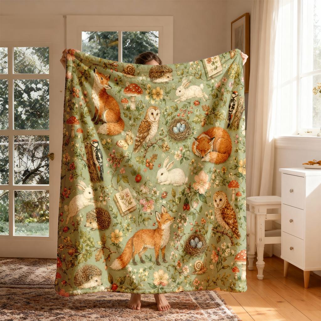 1pc Forest Fox Owl Rabbit Mushroom Floral Theme Flannel Blanket - Large Size, Soft, Lightweight, And Warm, Suitable for All Seasons - Perfect for Bed,